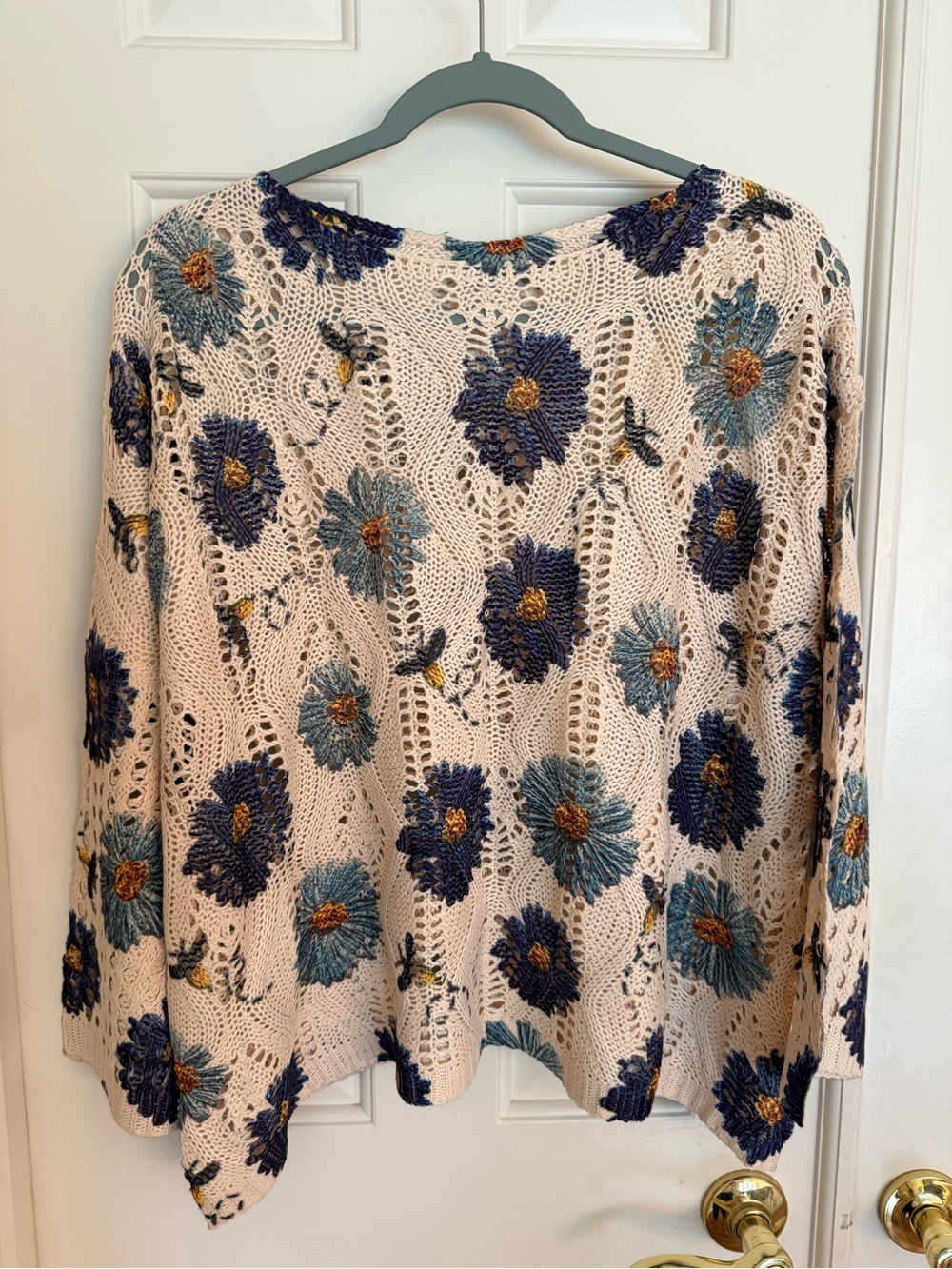 Floral Crochet Knit Sweater Top - Cream with Blue Flowers